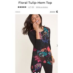 Chicos Tulip-Hem Top Sz 0 (S) Bright Floral Asymmetrical Black Unique Office
